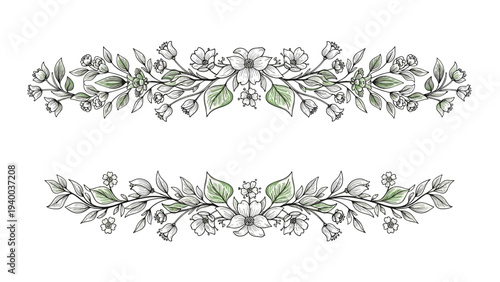 Elegant floral horizontal borders featuring hand drawn line art flowers and green leaves arranged symmetrically on white.