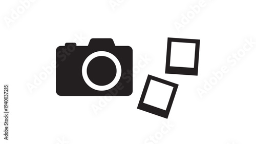 Camera icon with instant photo frames, simple graphic design, black and white representation of photography and memories
