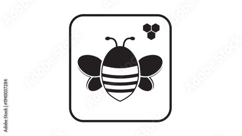 Bee icon with honeycomb segments in a rounded square frame, simple black and white graphic illustration.