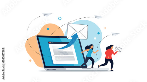 Creative illustration showing email marketing with people carrying envelopes and messages flying out of a laptop screen.