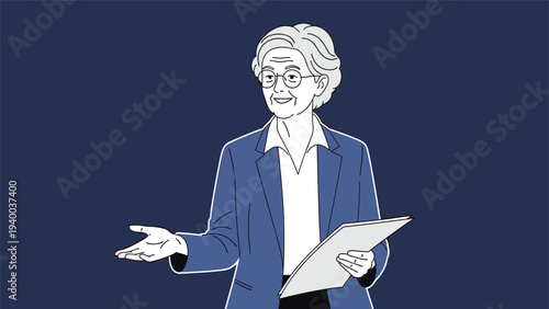 Distinguished senior woman with gray hair and glasses holding a folder and gesturing while giving a speech or lecture.