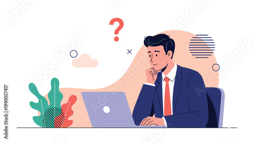 Young businessman in a suit sitting at his laptop with a pensive expression and a question mark floating above his head.
