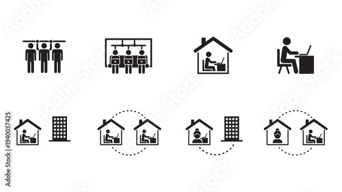 People icons illustrating commuting, remote work, and office environments featuring laptop, computer, desk with chair and building elements for