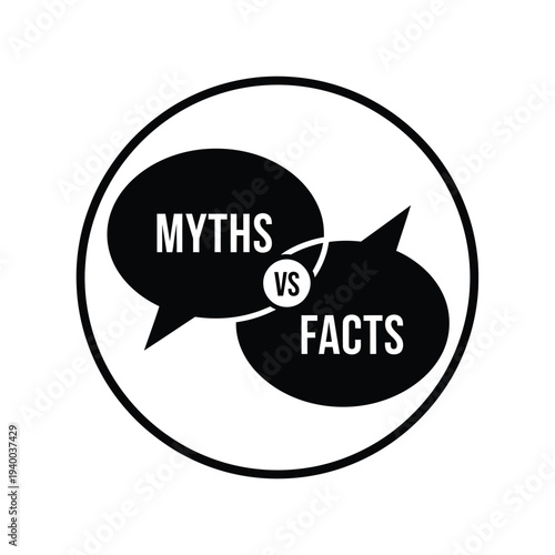 A black and white graphic depicts speech bubbles containing myths and facts in a contrasting visual comparison high quality professional detailed modern elegant stylish clean crisp