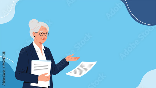 Professional senior businesswoman with gray hair and glasses holding documents and gesturing in a blue abstract setting.