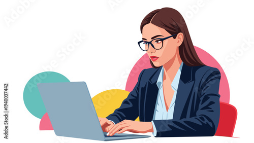 Professional woman with glasses and long brown hair working intently on her laptop computer against abstract background.