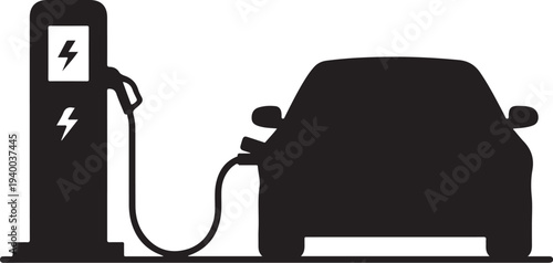 Electric car charging at a station silhouette illustration