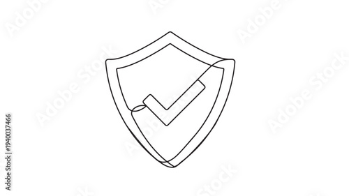 Shield with check mark icon in continuous line drawing style, representing security and approval featuring success, protection, safety with