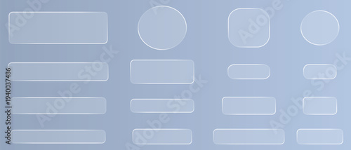 Liquid glass morphism vector ui buttons in different shapes and shades. Glass collection of transparent, rounded buttons and shapes, showcasing a modern aesthetic for UI designs