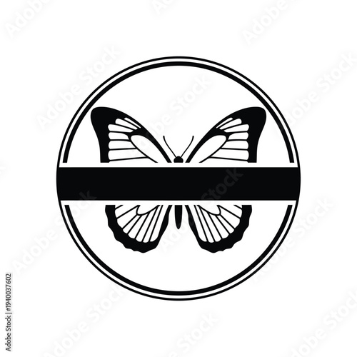 A striking black and white circular emblem features a symmetrical butterfly design bisected by a bold horizontal bar high quality professional detailed modern elegant stylish clean