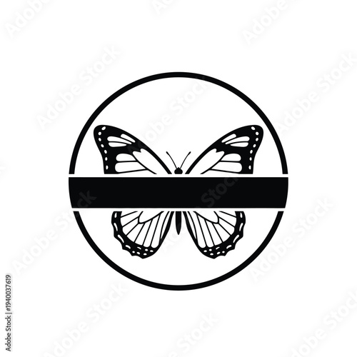 A striking black and white design features a butterfly centered within a circular frame bisected by a bold horizontal bar high quality professional detailed modern elegant