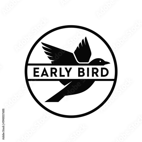 A simple black and white circular logo features a silhouetted bird in flight above the text early bird high quality professional detailed modern elegant stylish clean