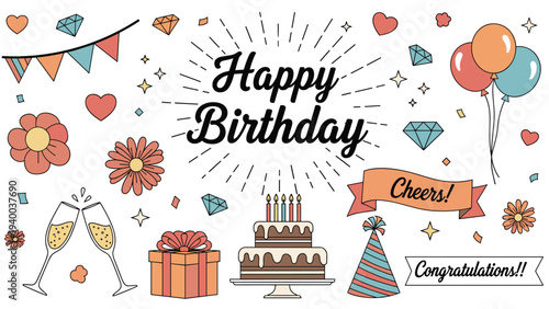 Large collection of birthday celebration icons and elements like cake balloons gift flowers and festive greeting banners.