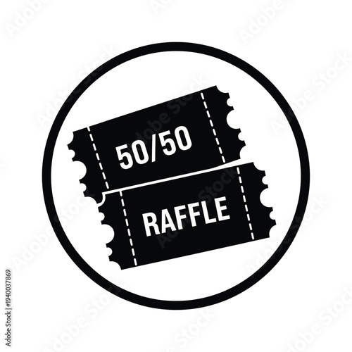 A minimalist black and white graphic depicts two raffle tickets within a circular frame showcasing a 50 50 chance high quality professional detailed modern elegant stylish clean