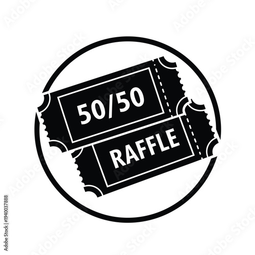 A black and white graphic depicts two raffle tickets arranged diagonally within a circular border prominently displaying 50 50 raffle high quality professional detailed modern