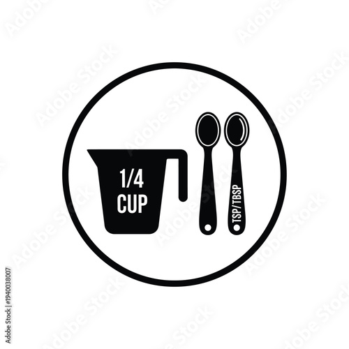 A circular black and white graphic depicts measuring tools including a measuring cup labeled 1 4 cup and two spoons with measurements high quality professional detailed modern