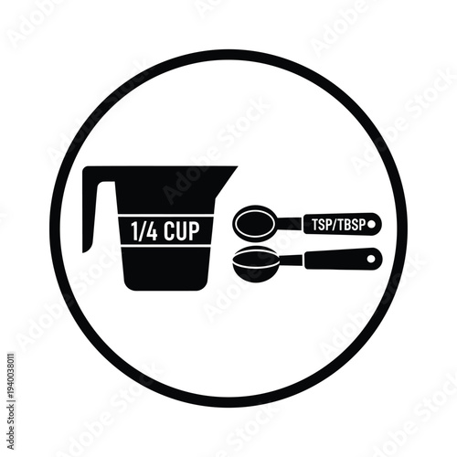 A black and white graphic depicts a measuring cup and spoons indicating common kitchen measurements for baking and cooking high quality professional detailed modern