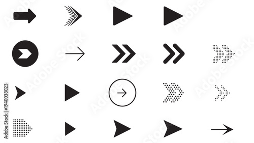 Arrows set with multiple styles and variations including solid, dotted, and outlined shapes, offering directional guidance and UI elements.