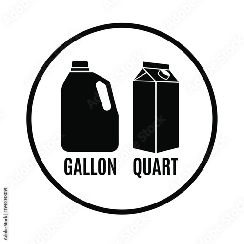A black and white graphic depicts a gallon jug and a quart carton labeled with their respective volume measurements inside a circle high quality professional detailed