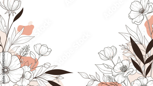 Elegant botanical line art of various flowers and leaves in two opposite corners with soft pink organic shapes on a clean white background.