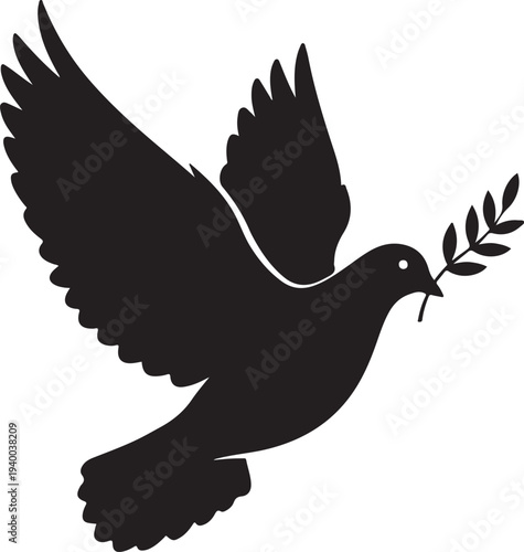 Black dove silhouette with olive branch in beak flying