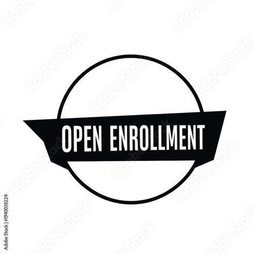 A minimalist graphic features a bold black circle with a downward pointing banner displaying the text open enrollment in white high quality professional detailed modern