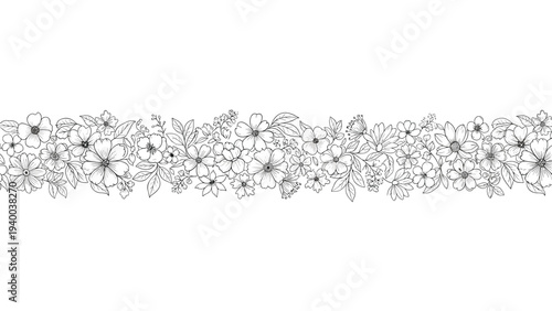 Continuous horizontal border featuring dense hand drawn flowers and leaves in a detailed black and white line art style for elegant stationery headers.