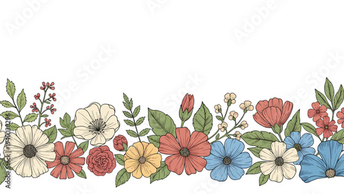 Vibrant horizontal floral border at the bottom of the frame featuring a variety of hand drawn colored flowers and green leaves on white background.