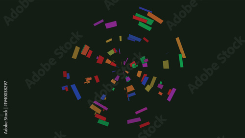 Stained glass inspired mosaic art with vibrant, multicolored fragments scattered on a dark background, abstract and geometric composition