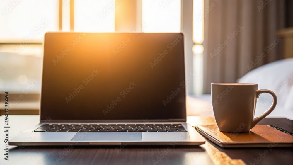 Fototapeta premium A laptop with a blank screen is placed on a wooden table next to a coffee cup and a notebook, with warm sunlight streaming through the window in the background.