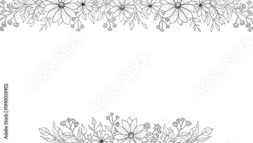 Detailed floral borders at the top and bottom of the frame featuring black and white hand drawn sketches of various flowers and leaves in a garden style.