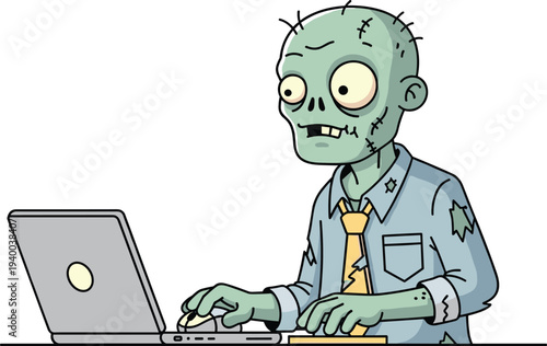 Cartoon zombie character typing on laptop computer with stitches and scars, humorous undead office worker vector illustration concept