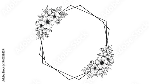 Minimalist hexagonal geometric frame adorned with black and white floral line art in two corners for a modern and clean botanical design aesthetic.