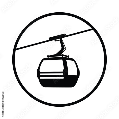 A simple black and white illustration depicts a cable car within a circular frame highlighting transportation and mountain tourism high quality professional detailed modern elegant stylish