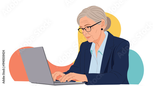 Professional elderly woman with gray hair and glasses sitting at a desk and focused on working on her laptop against a colorful abstract background.