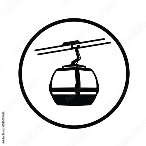 A simple black and white graphic depicts a cable car or gondola enclosed within a thick circular border symbolizing transport high quality professional detailed modern elegant