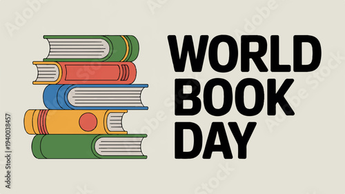 World book day poster with stacked colorful books and text on beige background literacy celebration