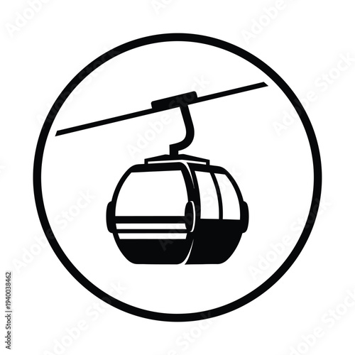 A simplified black and white illustration depicts a cable car within a circular frame symbolizing travel and transportation systems high quality professional detailed modern elegant stylish