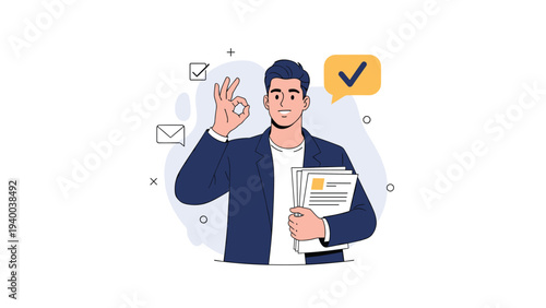 Confident businessman in a blue suit holding a stack of papers and making an okay sign with a golden checkmark bubble indicating approved documents.