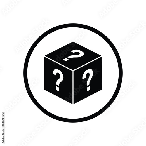 A minimalist black and white illustration depicts a cube enclosed within a circle featuring question marks on each face high quality professional detailed modern elegant stylish