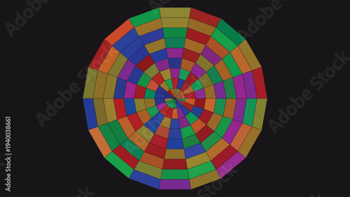 Stained glass mosaic art featuring vibrant concentric circles in a tessellation pattern, bold colors, geometric design, isolated on black