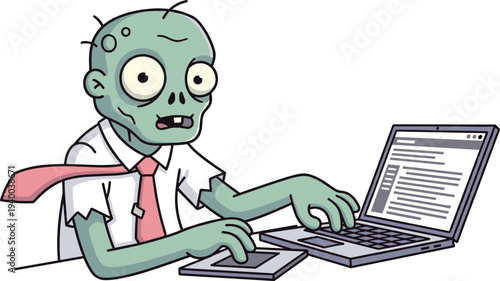 Cartoon zombie office worker typing on laptop computer with pink tie, humorous undead professional vector illustration concept