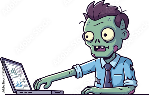 Cartoon zombie office worker analyzing data charts on laptop computer, humorous undead business character illustration concept