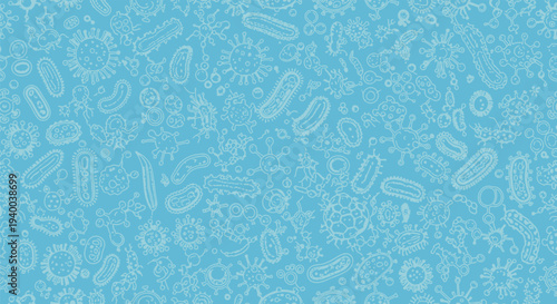 Microscopic bacteria and microorganisms on a blue background.