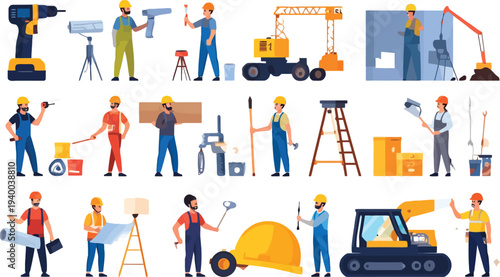 Construction Workers and Equipment Illustration.
