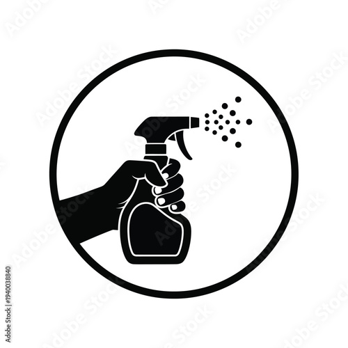 A black and white graphic depicts a hand firmly gripping and activating a spray bottle releasing a fine mist of liquid high quality professional detailed modern