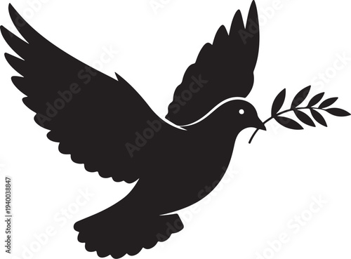 Black dove silhouette with olive branch in beak flying