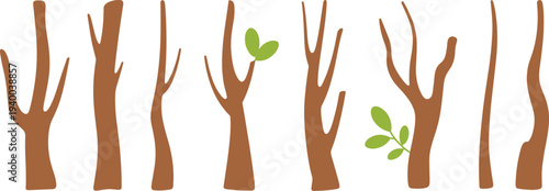 Tree trunk and branch vector collection with wooden stems and green leaves, natural forest elements isolated on light background for botanical design