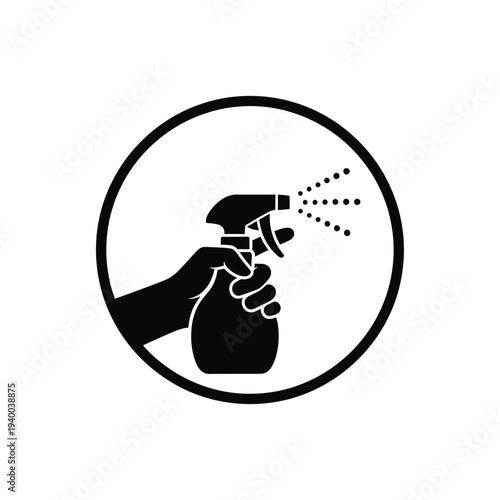 A simple black and white graphic depicts a hand firmly gripping and operating a spray bottle emitting a fine mist high quality professional detailed modern elegant