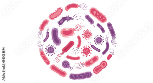 Colorful illustration of various bacteria and microorganisms in a circular pattern.
